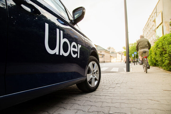 Warsaw, Poland  - April 30, 2019: View on Uber car (Skoda) with inscription on the street before sunset