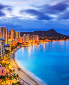 Honolulu, Hawaii. Skyline of Honolulu, Diamond Head volcano including the hotels and buildings on Waikiki Beach.