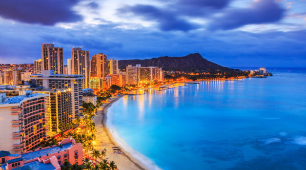 Honolulu, Hawaii. Skyline of Honolulu, Diamond Head volcano including the hotels and buildings on Waikiki Beach.