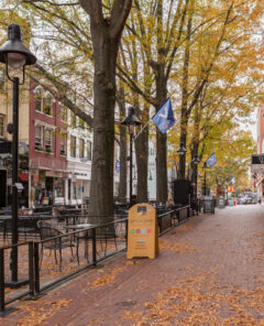 Charlottesville, VA USA - October 29, 2015: Shops and restaurants in the quaint and historic pedestrian shopping area in downtown Charlottesville, Virginia