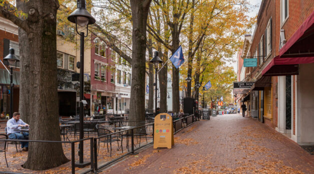 Charlottesville, VA USA - October 29, 2015: Shops and restaurants in the quaint and historic pedestrian shopping area in downtown Charlottesville, Virginia