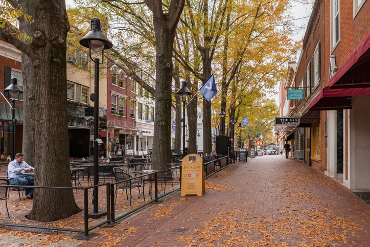 Charlottesville, VA USA - October 29, 2015: Shops and restaurants in the quaint and historic pedestrian shopping area in downtown Charlottesville, Virginia