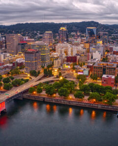 Aerial View of Portland, Oregon at Dusk on a cloudy Day