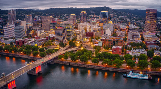 Aerial View of Portland, Oregon at Dusk on a cloudy Day