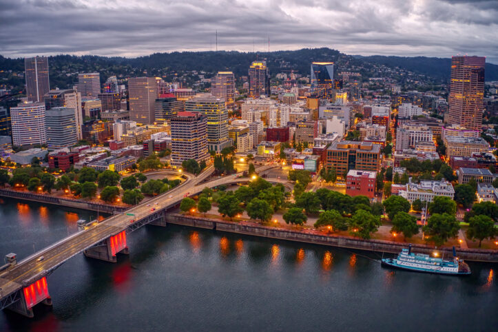 Aerial View of Portland, Oregon at Dusk on a cloudy Day