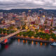 Aerial View of Portland, Oregon at Dusk on a cloudy Day