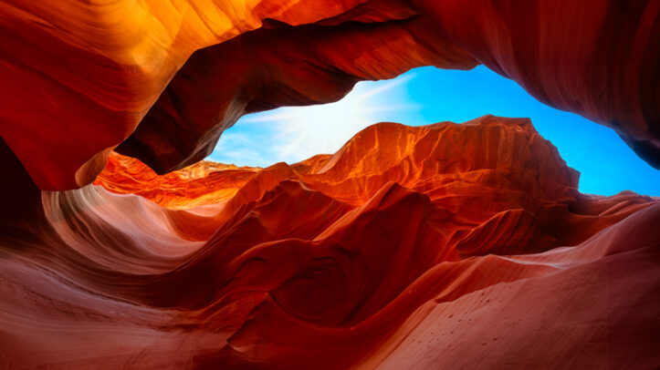 A scenic view of the sandstone walls in the famous Antelope Canyon, Arizona