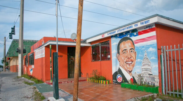 Miami, USA. December 22, 2009. A retaurant in Little Haiti exhibits a mural in suport of presidential candidate Barak Obama.