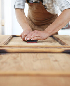 carpenter work the wood with the sandpaper