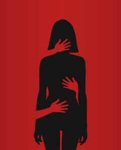 Silhouette of woman, harassment vector illustration. hands of man touching women. Violence against women, Workplace bullying concept. flat concept, text, blue, white, victim, sexual, rape