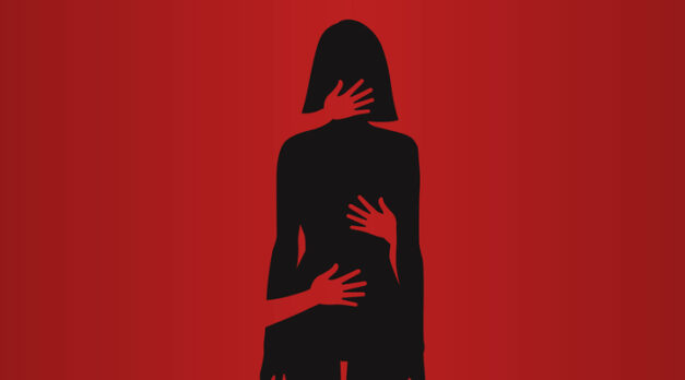 Silhouette of woman, harassment vector illustration. hands of man touching women. Violence against women, Workplace bullying concept. flat concept, text, blue, white, victim, sexual, rape