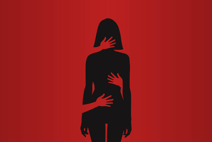 Silhouette of woman, harassment vector illustration. hands of man touching women. Violence against women, Workplace bullying concept. flat concept, text, blue, white, victim, sexual, rape